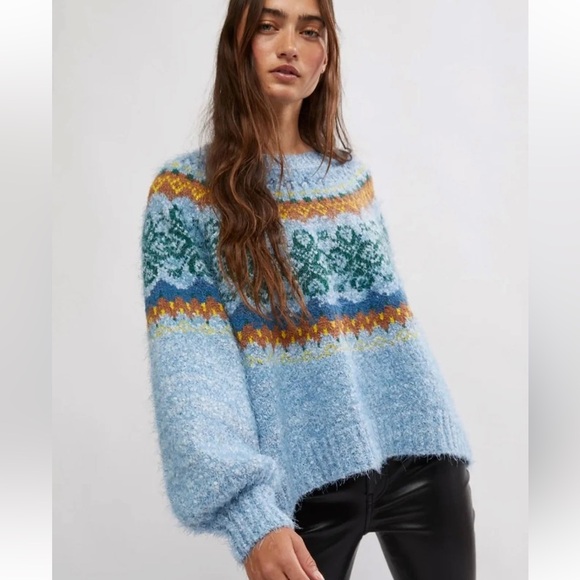 FREE PEOPLE Festive Frost Norway Sweater Sz M - Picture 2 of 7